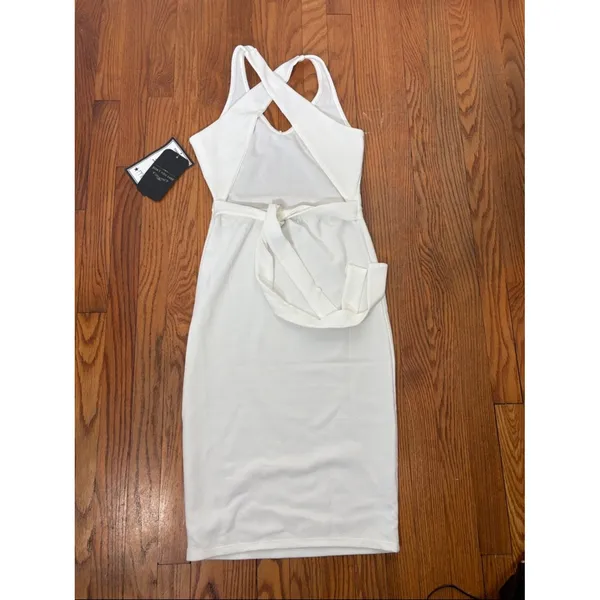 Don't You Dare Little White Dress Cream‎ Midi V-Neck Criss Cross Back Medium NEW - Image 2