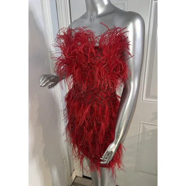 ASHLEYlauren 4615 Red Beaded Feather Cocktail Dress Strapless 2 Pageant Prom - Image 9