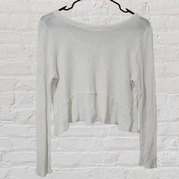 Lazy Sundays White Waffle Knit Long Sleeve Crop Top Size Small - Image 3