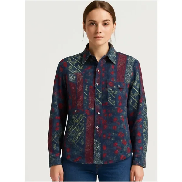 Lauren Ralph Lauren Button Up Shirt Women Navy Red Multi Patchwork Blouse Large - Image 3