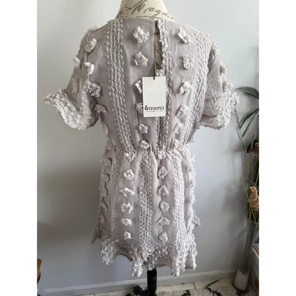 &merci Floral Pom Pom Aline Dress Medium Grey Short Sleeve‎ Mini New - Image 2