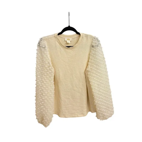 Anthropologie Maeve Textured Long Sheer Sleeve Ivory Top Blouse Feminine Small - Image 3