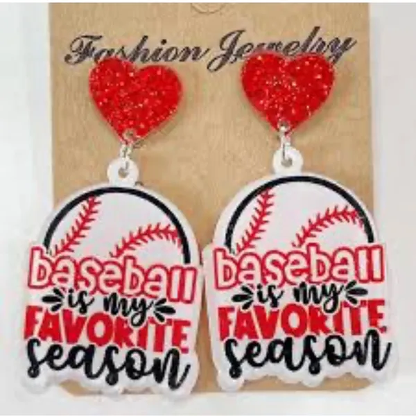 Baseball Favorite Season Earrings‎ Women OS Red White Glitter Heart Drop New - Image 2