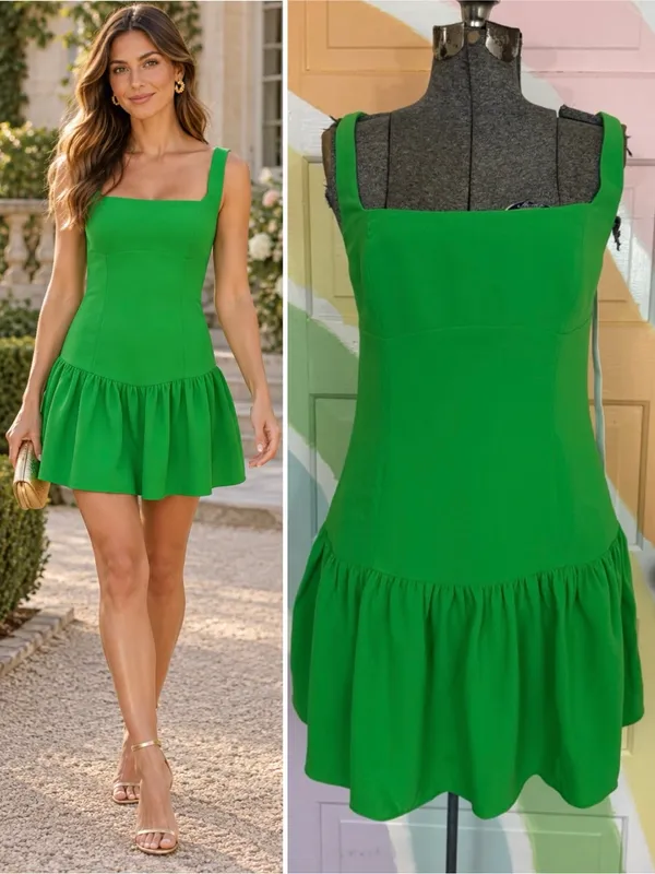NWT Amanda Uprichard Apple Green Drop Waist Square Neck Mini Dress Sz M 🧡🍄 - Image 2