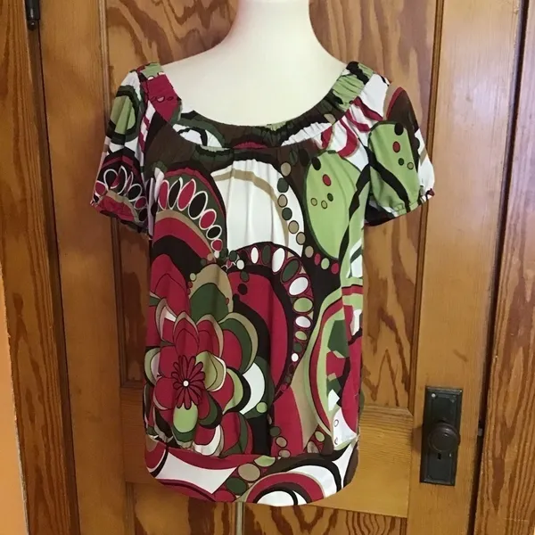 Y2K AB Studio Psychedelic Floral Top Small Retro Mod Puff Sleeve Tunic Blouse - Image 7