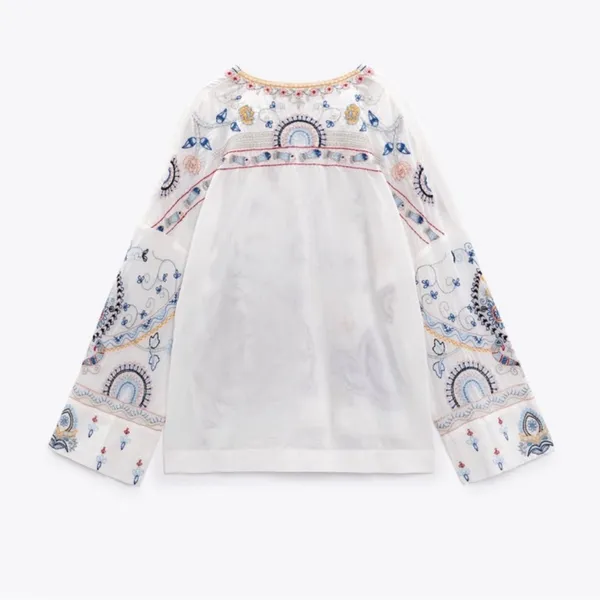 Zara Embroidered Floral‎ Fish Turtle Bird V-Neck Blouse Oyster White Small - Image 4