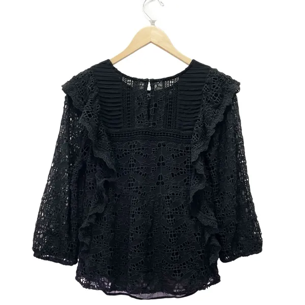 Anthropologie Clementine Eyelet Lace Blouse Black Ruffle Puff Sleeve Size 6 - Image 3
