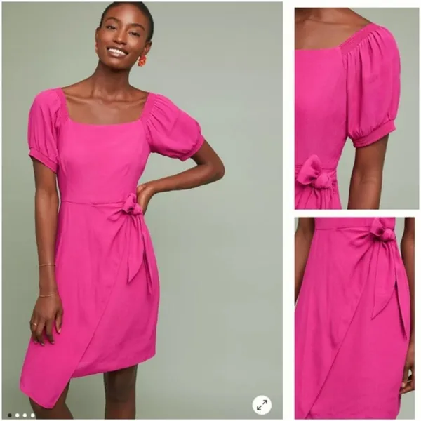 Anthropologie Maeve Pink Wrap Dress Tie Waist Mini Dress Puff Sleeve Feminine - Image 2
