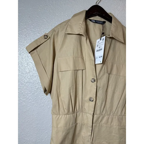 Zara Utility Beige Safari Mini Shirt‎ Dress/jumpsuit Size M - Image 6
