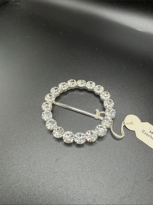 Vintage Czech Crystal Circle Brooch/Scarf Belt Slide – Clear Rhinestone Accent - Image 2