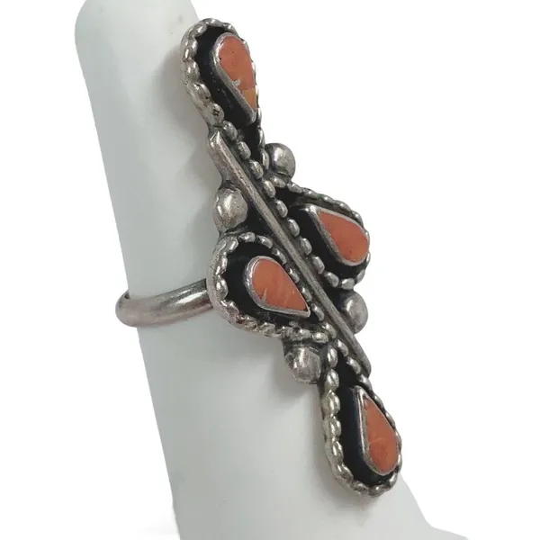 ZUNI Artist Signed LES Southwestern Natural Coral Vintage Ring Sz 5 - Image 5