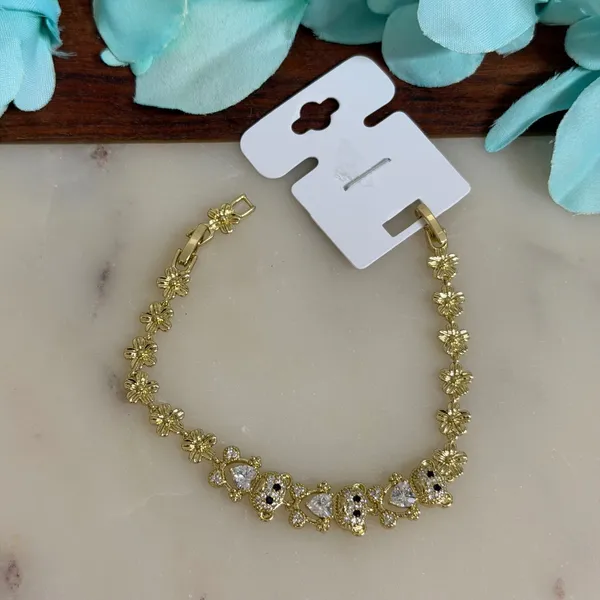 14K Gold Plated XP Women Bracelet Teddy Bear Flower Link Cubic Zirconia - Image 2