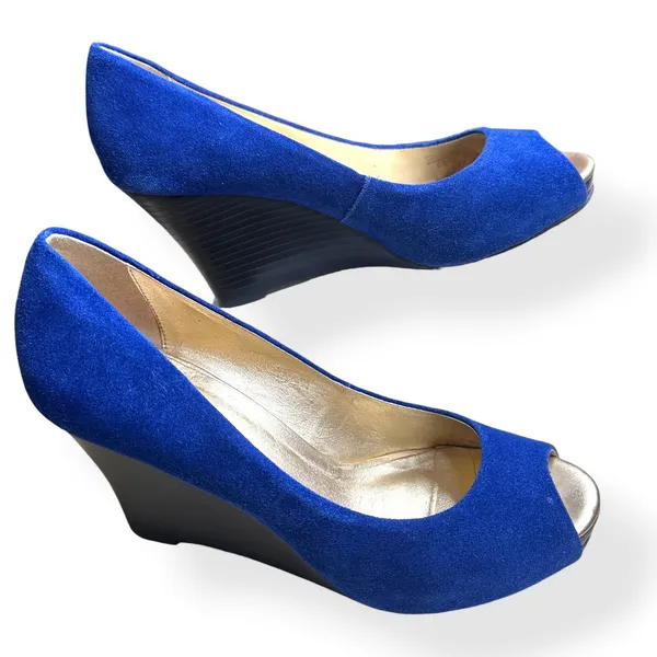 Lilly Pulitzer Womens Resort‎ Wedge Chic Heels Blue 8.5M Peep Toe Suede Preppy - Image 2