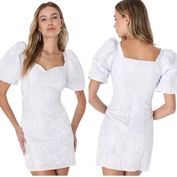 NWT Lulus Beyond Amazing White Floral Jacquard Puff Sleeve Mini Dress Size Large - Image 2