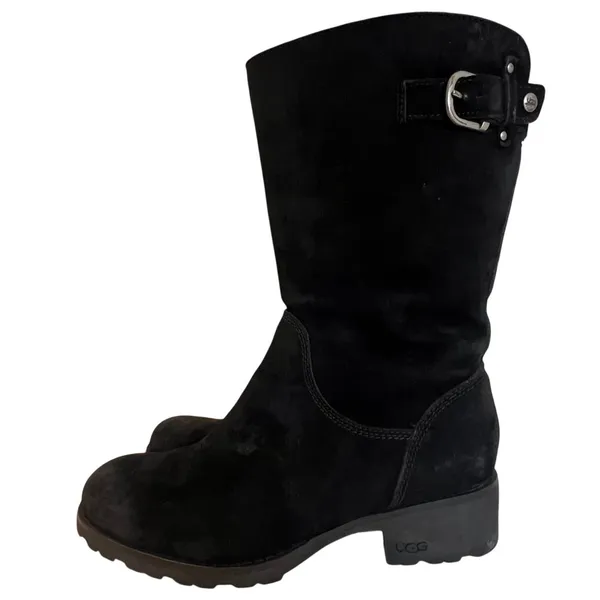 UGG Australia Boots Womens 8 Black Suede‎ Shearling Lined Buckle Moto Lug Sole - Image 3