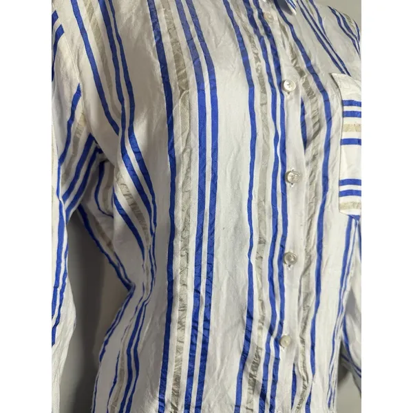 Cotélac Acoté Blue & Gold Striped Button Down Blouse French Designer Size XS/S‎ - Image 5