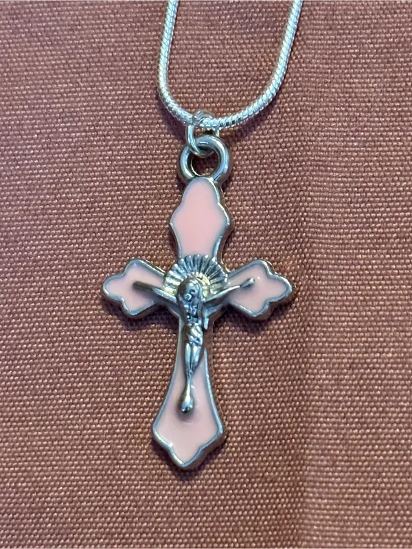 Sterling Silver 925 Cross Pendant Necklace with Pink Enamel - Image 2