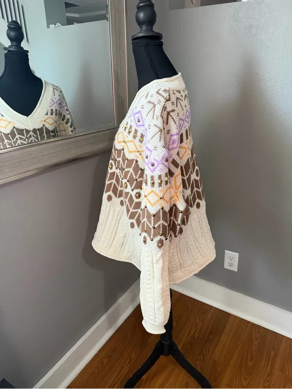 Pol x Anthropologie V Neck Studded Geometric Oversized Knit Sweater Large - Image 4
