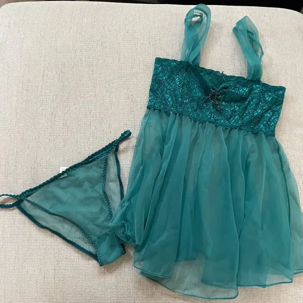 NWT 3pc Green Lingerie Set Teddy Panties Shirt Length Sheer Robe L - Image 5