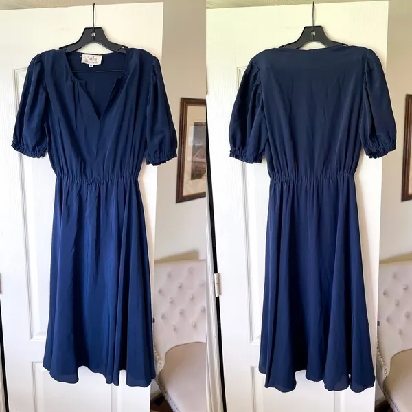 Soler ArossGirl Brooke Silk‎ Midi Dress Puff Sleeve 40s Style Chic Navy M EUC - Image 2