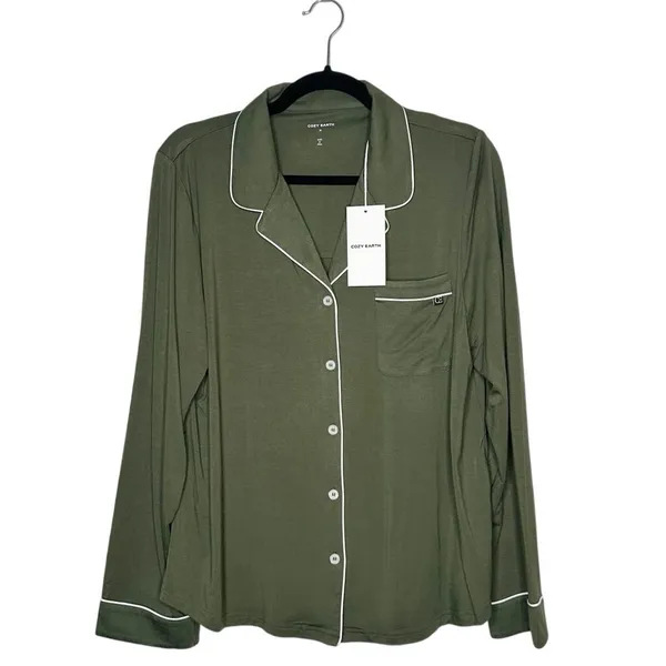 NWT Cozy Earth Bamboo Stretch Knit Classic Long Sleeve Pajama Top Olive Green M - Image 2