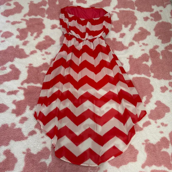 Red & White Chevron Strapless High-Low Dress 💋 Flowy Chiffon Summer Babe Mini Maxi | Size S - Image 7