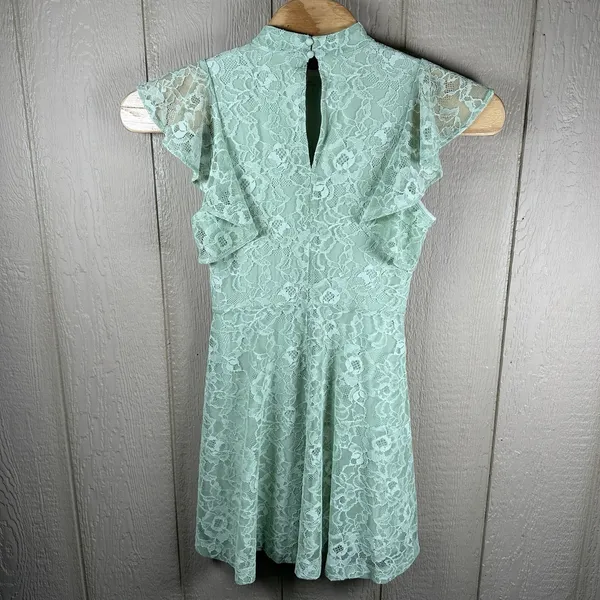 Anthropologie MAEVE Lace Mini Dress Medium Light Green Mock Neck Flutter Sleeve - Image 3
