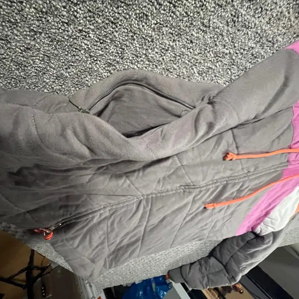 VTG Free People Quilted Hoodie Girl 12 Gray Colorblock Chevron Thermal Lined Zip - Image 7