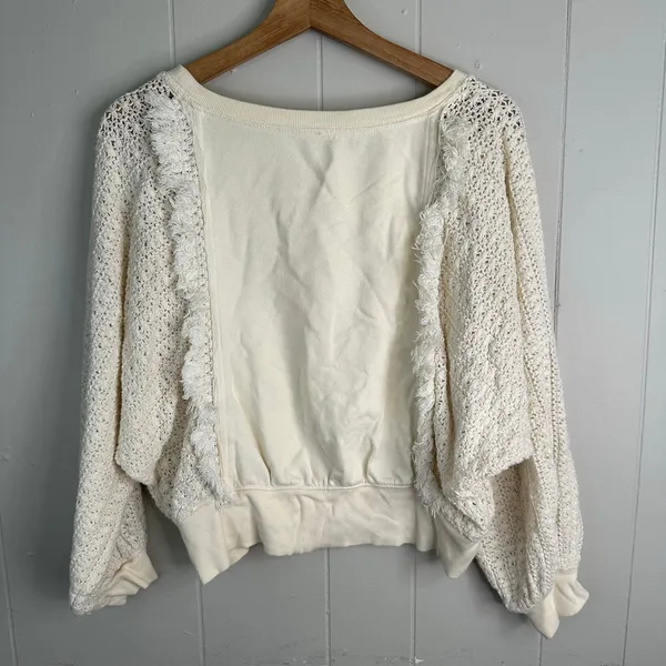 Free People XS Cream Faff and Fringe Pullover Crochet Sleeve Boho Top - Image 2