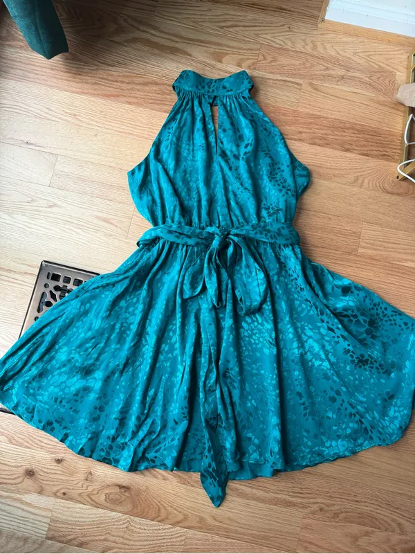 NWT Anthropologie Halter Neck Jacquard Mini Dress Teal Removable Belt Large - Image 3