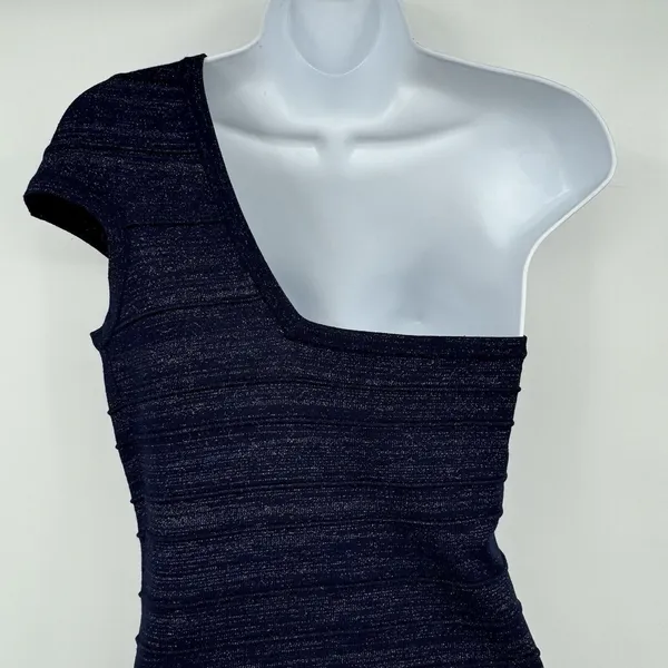 Foreign Exchange One Shoulder Bandage Mini Dress Womens M Navy Shimmer Bodycon - Image 4