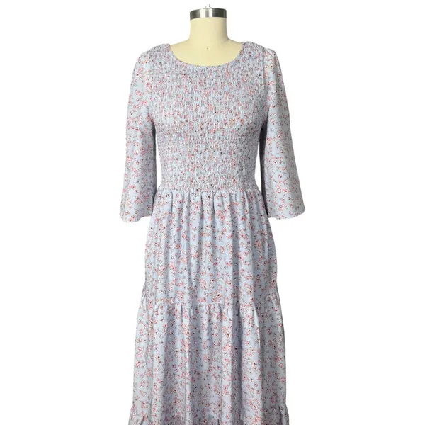 Melloday Baby Blue & Pink Smocked Bodice Tiered Floral Print Maxi Dress M - Image 2