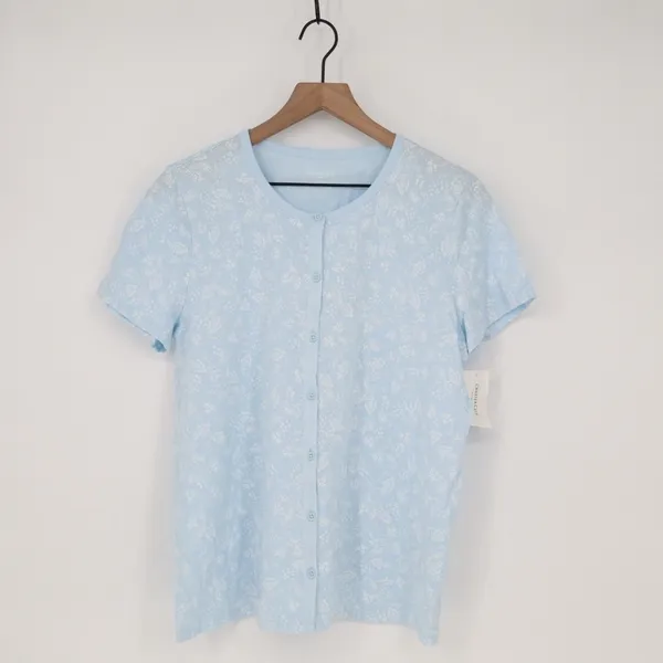 Charter Club Cropped Pajama Top‎ Womens Medium Blue Floral Cotton Button Front - Image 2