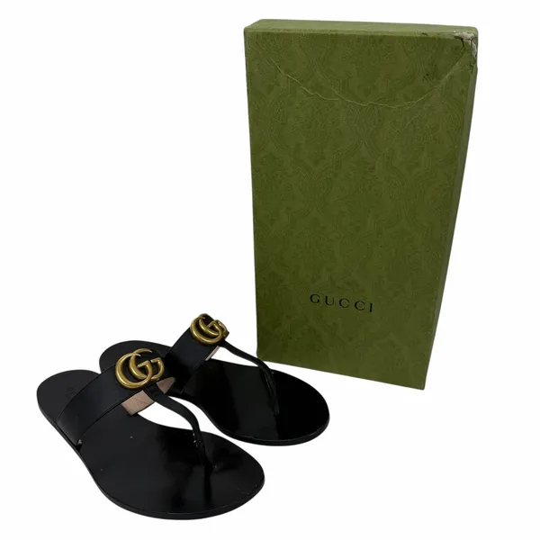 Gucci Black Leather Thong Sandal Gold Double G Logo Size 37 - Image 14