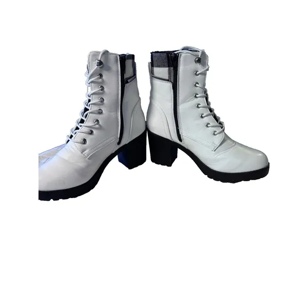 Yoki Womens's Zipper Laces Platform Combat White Black Plaid Chunky Heel Boots 8 - Image 7