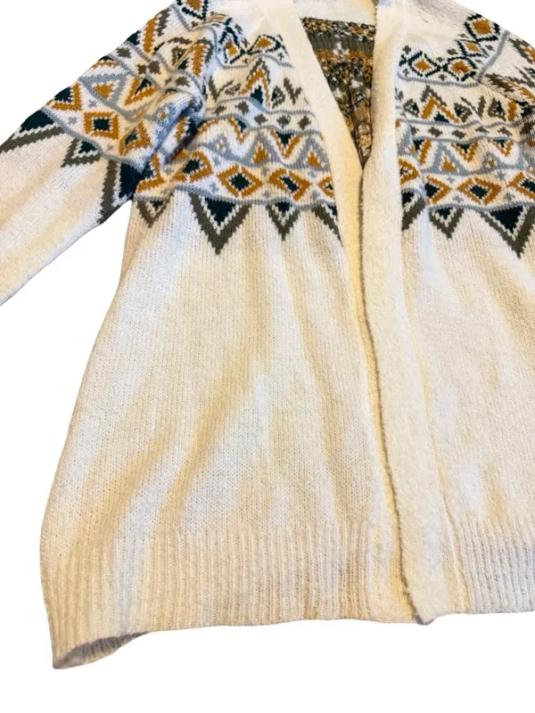 Maurices Cream Long Length Cardigan Sweater Open Front Tribal Fair Isle Medium - Image 5