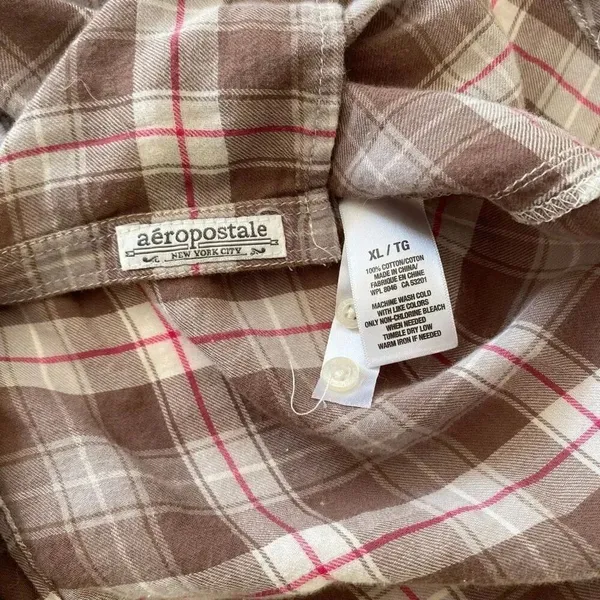 Aéropostale Plaid Button Down Shirt Brown Pink Flannel Top Women’s XL 100% Cotto - Image 5