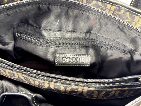 Fossil Brown Black Monogram Jacquard Leather Satchel Bag Y2K - Image 9