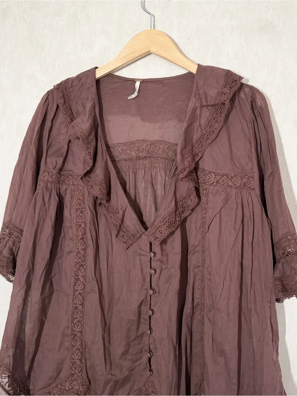Free People Women’s Isn’t She Lovely Tunic Top Sheer Boho in Chocolate Lava M - Image 4