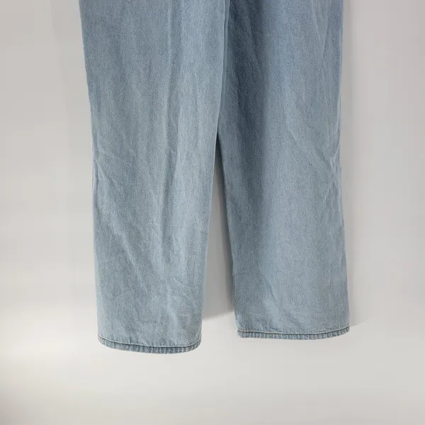 Polagram Overall Button Up Denim Jumpsuit Womens L Blue Light Wash Ruffle Straps - Image 7