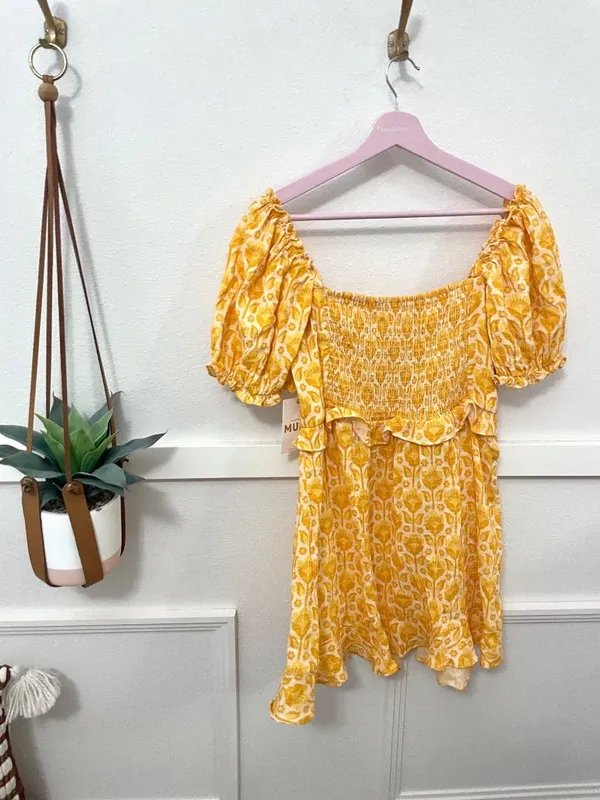 NWT Show Me Your Mumu Sophie Floral Print Mini Dress Mustard Romantic Prairie M - Image 7