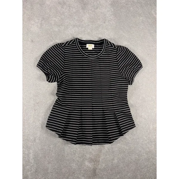 Maeve Anthropologie Corset Peplum Top Black White Stripe‎ Puff Sleeve Size Small - Image 3