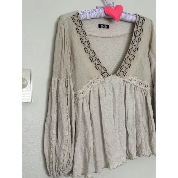 Miss Me Linen Babydoll Lace Embroidered V-Neck Top Flowy Coastal Cowgirl - Image 2