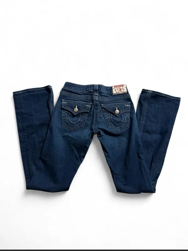 True Religion Dark Blue Boot Cut Jeans with Signature Pocket Stitching - Image 2