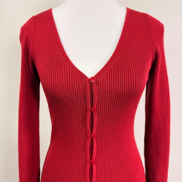 Abercrombie & Fitch Red Ribbed Knit Button Front V-Neck Stretchy Mini Dress Sml - Image 5