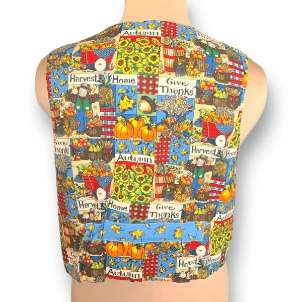 Vintage Handmade Reversible Vest Autumn Pumpkin‎ Scarecrow Farmhouse Blue Orange - Image 5