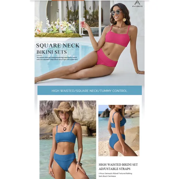 ANRABESS High Waisted Bikini Set Tummy Control Textured Pink Women’s M - Image 5