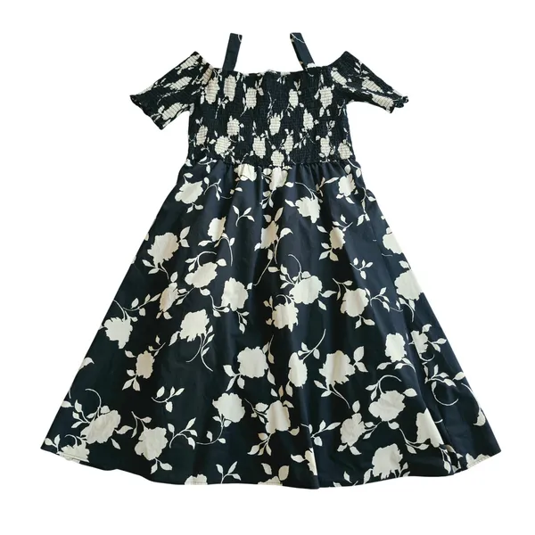 Soft Surroundings Black White Floral Smocked Cold Shoulder Midi Dress Size 2X - Image 3