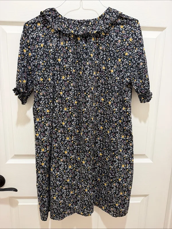 Madewell Floral Ruffle Neck Short Sleeve Dress Black Multicolor Medium Mini - Image 9
