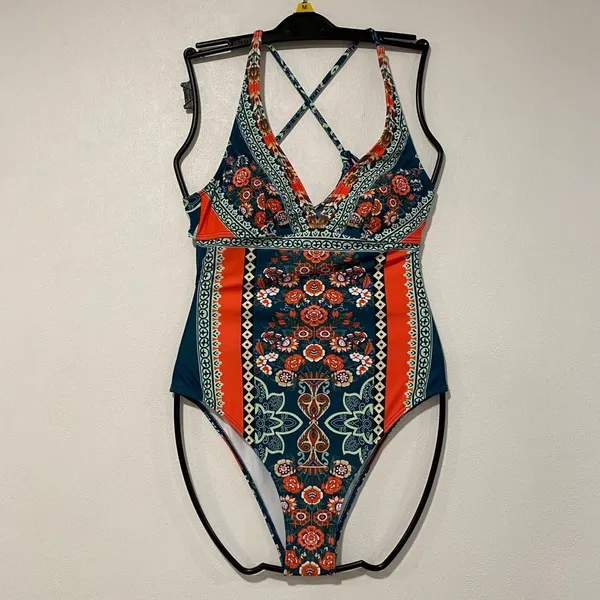 CUPSHE Women’s Small Floral Boho One Piece Swimsuit Criss Cross NWT - Image 2